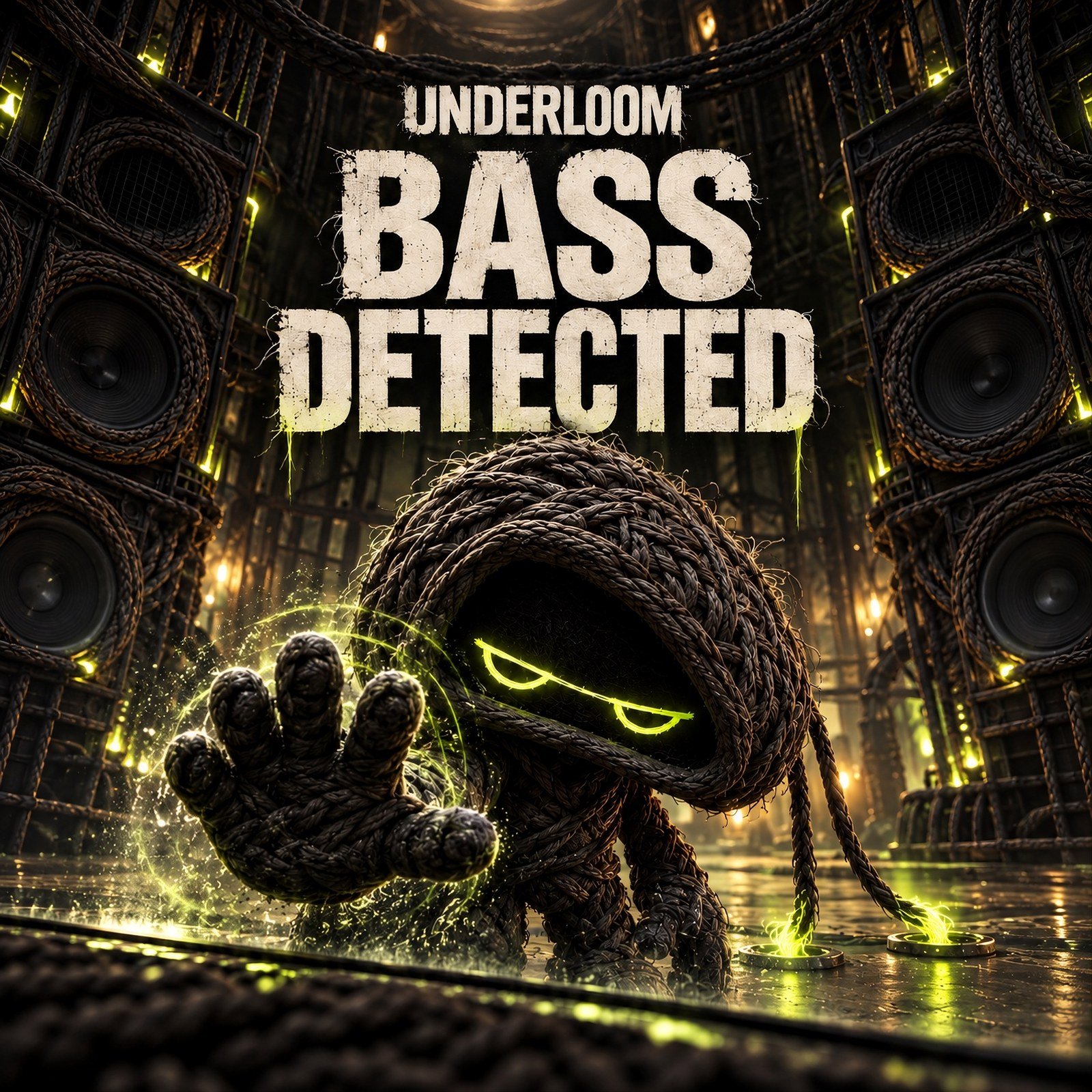 Bass Detected cover art: the Weaver reaching toward the viewer between speaker stacks